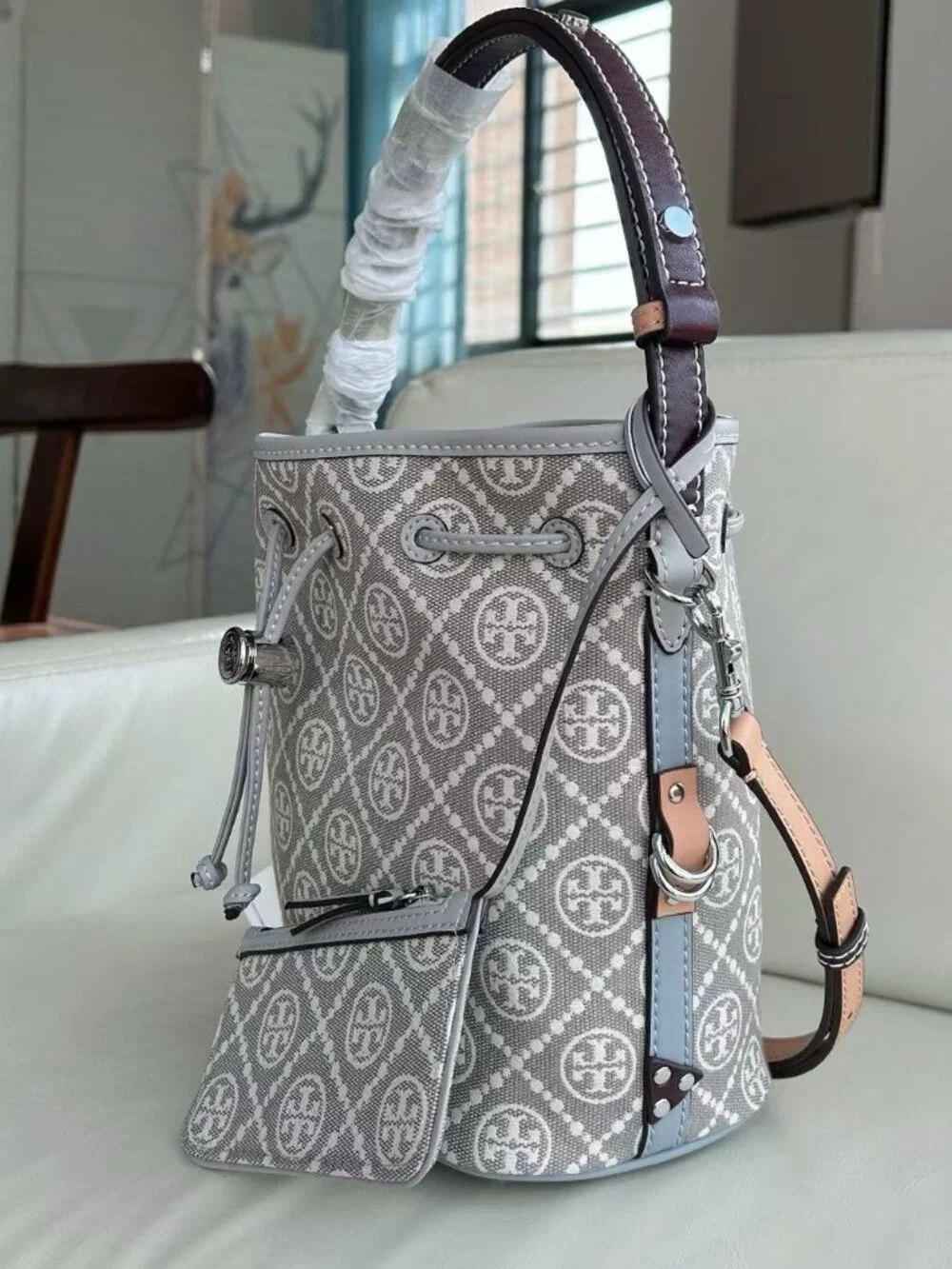 Tory Burch Monogram Jacquard Bucket Bag Grey Full Set With Mini